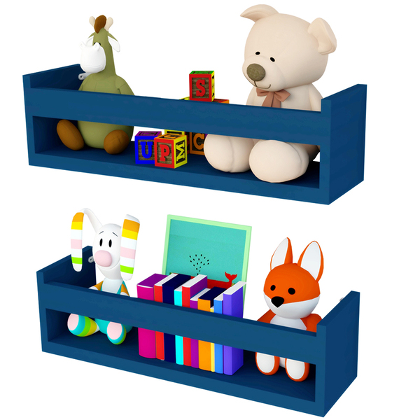 Kit 3 Prateleira 40cm Azul Livro Revista Infantil Parede