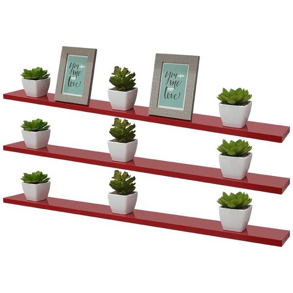 Kit 3 Prateleiras 80 X 15cm Vermelha Suporte Invisível