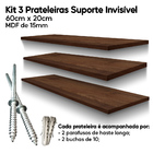 Kit 3 Prateleiras Amadeirada De Mdf 60x20 Suporte Invisível