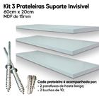 Kit 3 Prateleiras De Mdf 60x20 Suporte Invisível Decoração