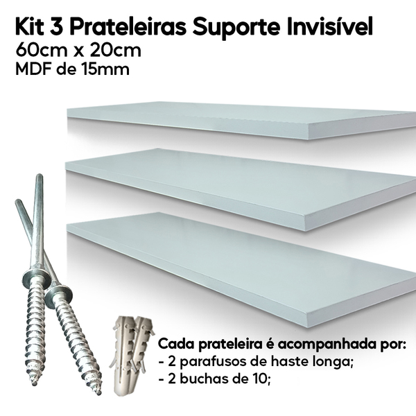Kit 3 Prateleiras De Mdf 60x20 Suporte Invisível Decoração