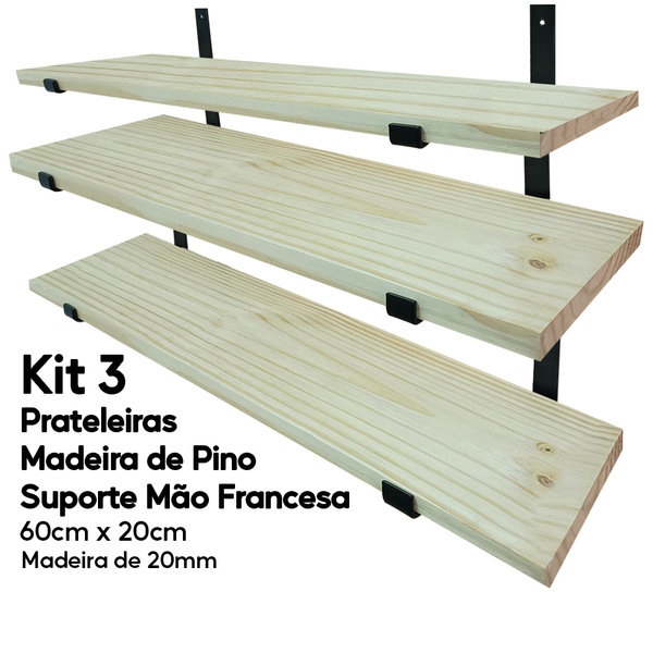 Kit 3 Prateleiras Madeira De Pino 60x20 Com Mão Francesa