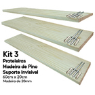Kit 3 Prateleiras Madeira De Pino 60x20 Suporte Invisível