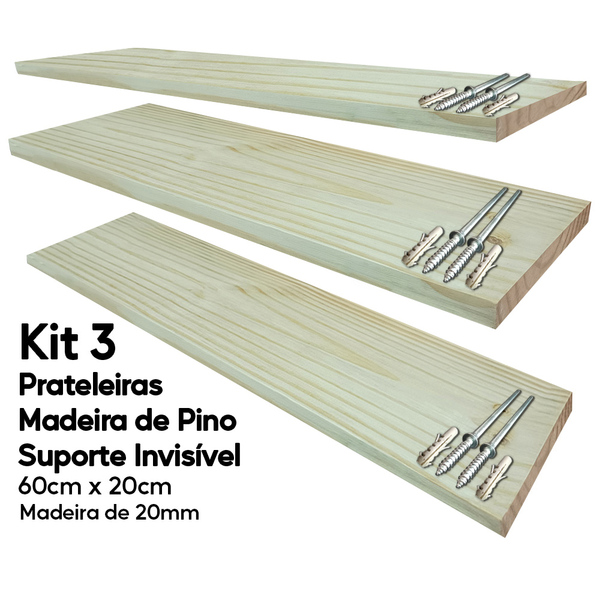 Kit 3 Prateleiras Madeira De Pino 60x20 Suporte Invisível