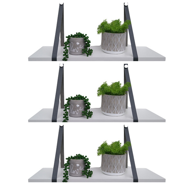 Kit 3 Prateleiras Mdf Branco Alça Couro Cinza 30x10