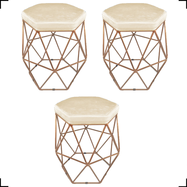 Kit 3 Puff Decorativos Para Sala Hexagonal Aramado Base Bronz