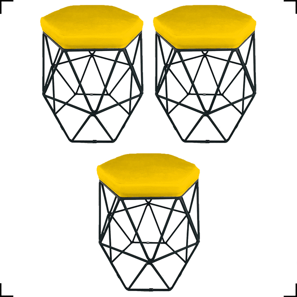 Kit 3 Puff Decorativos Para Sala Hexagonal Aramado Base Preta