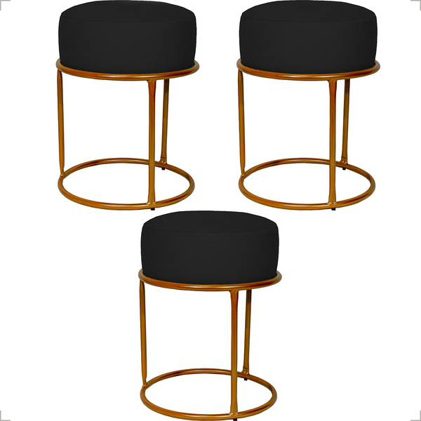 Kit 3 Puff Decorativos Para Sala Luxe Base Cobre Suede Preto