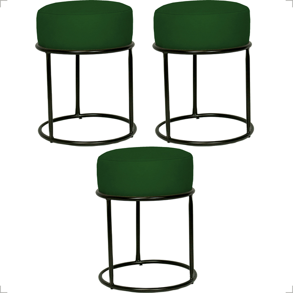 Kit 3 Puff Decorativos Para Sala Luxe Base Preta Suede Verde