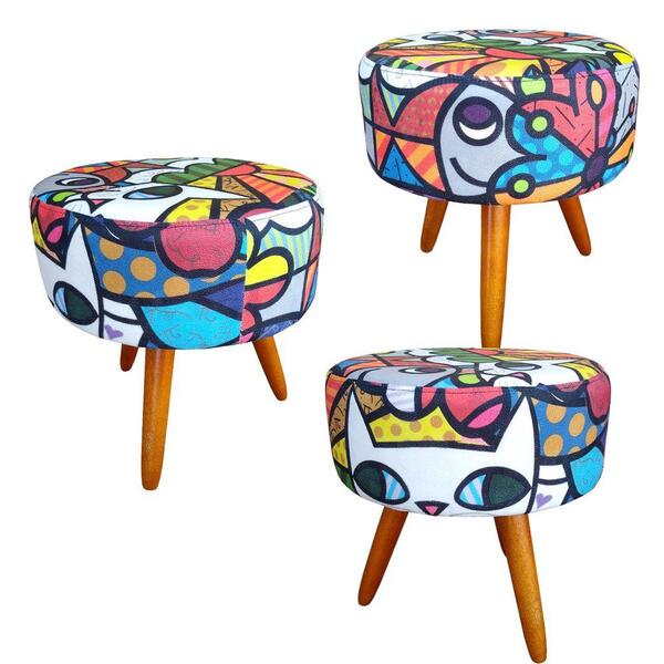 Kit 3 Puffs Bali Decorativo Estampa Romero Brito Kasa Sofá