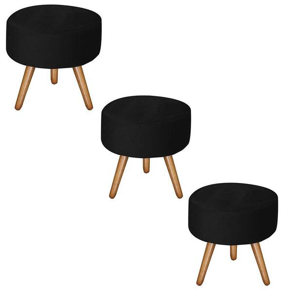 Kit 3 Puffs Bali Decorativo Suede Preto Kasa Sofá