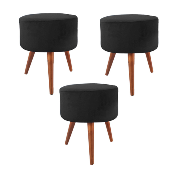 Kit 3 Puffs Redondos Loren Veludo Preto E Pés Palito Em Madei
