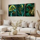 Kit 3 Quadro Decorativo Abstrato Jade Verde Dourado Efeito Qu