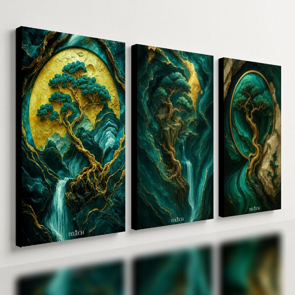 Kit 3 Quadro Decorativo Abstrato Jade Verde Dourado Efeito Qu