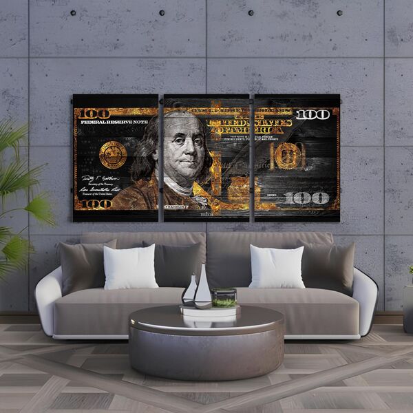 Kit 3 Quadro Decorativo Dinheiro Dólar Dourado Real Riqueza 4