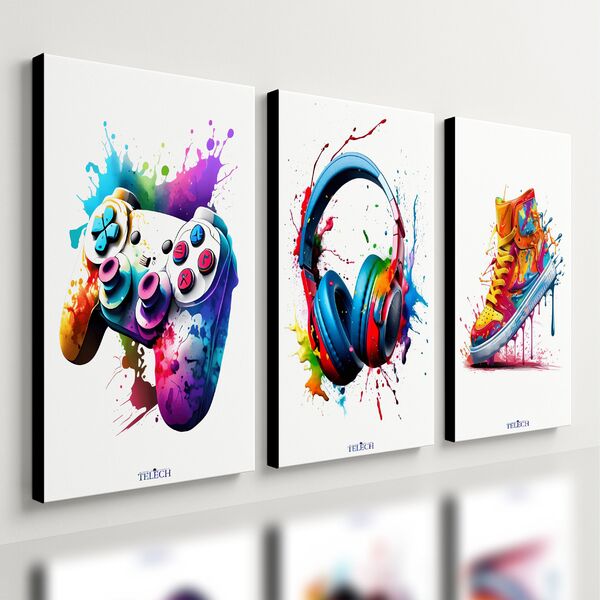 Kit 3 Quadro Decorativo Gamer Headset Controle Tênis Quarto 2