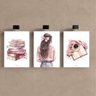 Kit 3 Quadro Decorativo Menina Jovem Estudos Rosa Quarto 40x2