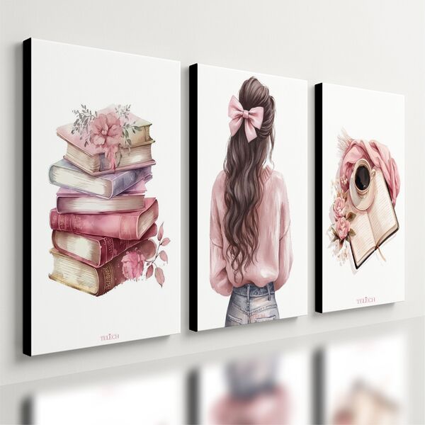 Kit 3 Quadro Decorativo Menina Jovem Estudos Rosa Quarto 40x2