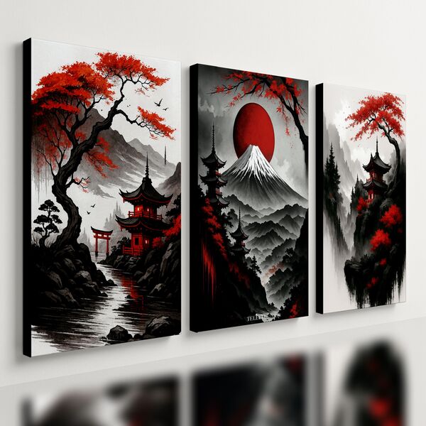 Kit 3 Quadro Decorativo Paisagem Japonesa Japão Samurai 40x28