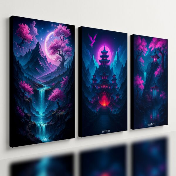 Kit 3 Quadro Decorativo Paisagem Japonesa Japão Samurai Rosa