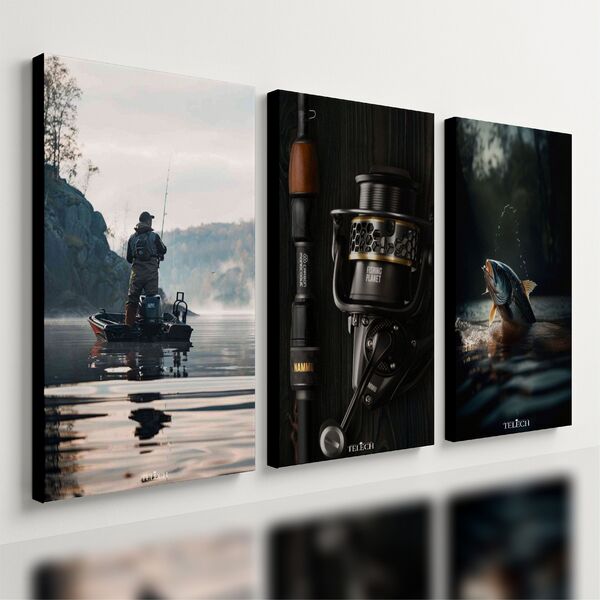 Kit 3 Quadro Decorativo Pesca Peixe Pescador Esportivo Quarto