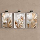 Kit 3 Quadro Decorativo Sala Flores Tulipas Brancas Gold 4k 4