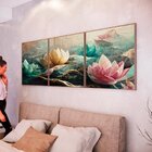 Kit 3 Quadro Tela Decorativa Com Moldura Flor De Lótus - 70x7