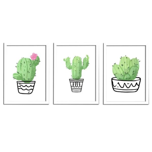 Kit 3 Quadros 48 X 35 Brancos Com Moldura Tema Cactus