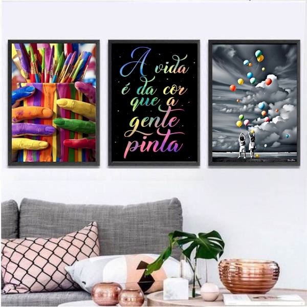Kit 3 Quadros A Vida É Da Cor Que A Gente Pinta 24x18cm - Com