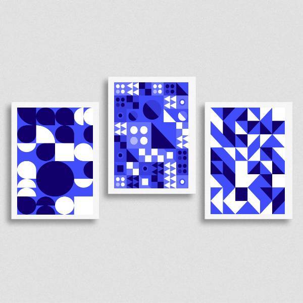Kit 3 Quadros Abstrato Azuis Figuras Geométricas 45x34cm - Co