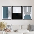 Kit 3 Quadros Abstrato Azul Petróleo Linhas Arcos 33x24cm Mol