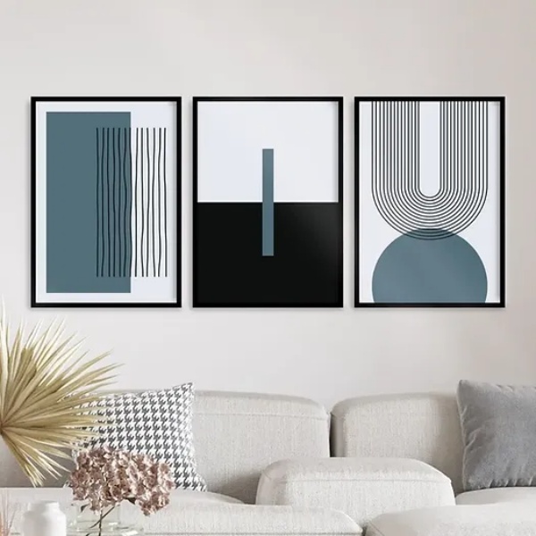 Kit 3 Quadros Abstrato Azul Petróleo Linhas Arcos 33x24cm Mol