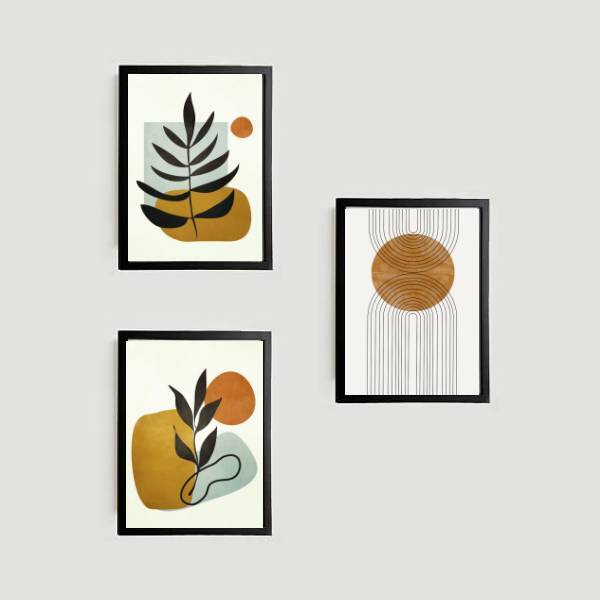 Kit 3 Quadros Abstrato Folha Marrom 24x18cm Moldura:madeira B