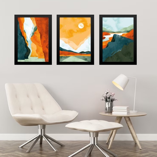 Kit 3 Quadros Abstratos Aquarela Paisagens Coloridas 24x18cm