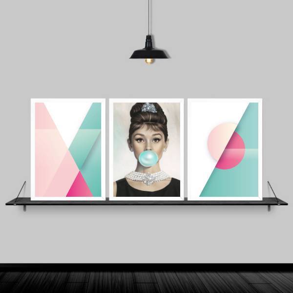 Kit 3 Quadros Abstratos Audrey Chiclete 24x18cm - Com Vidro M