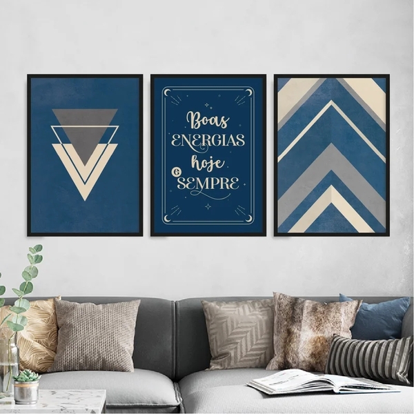 Kit 3 Quadros Abstratos Azuis Boas Energias 24x18cm Moldura:m