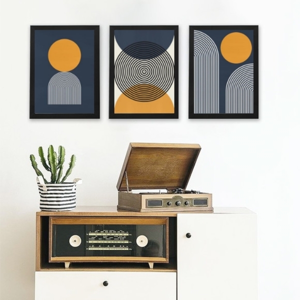 Kit 3 Quadros Abstratos Azul E Mostarda- Círculos 33x24cm - C