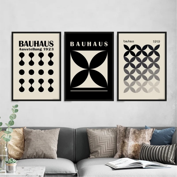 Kit 3 Quadros Abstratos Bauhaus Preto e cinza 33x24cm Moldura