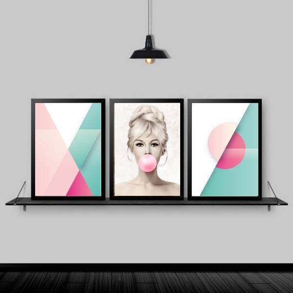 Kit 3 Quadros Abstratos Brigitte Chiclete 45x34cm Moldura:mad