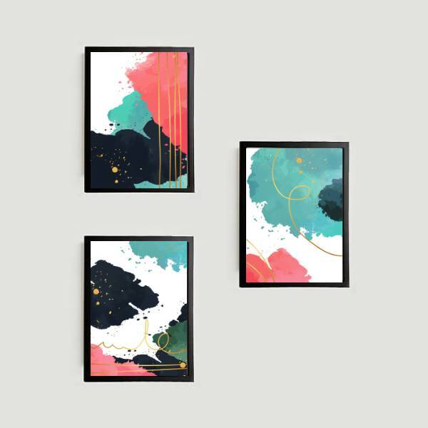 Kit 3 Quadros Abstratos Coloridos 45x34cm - Moldura Branca