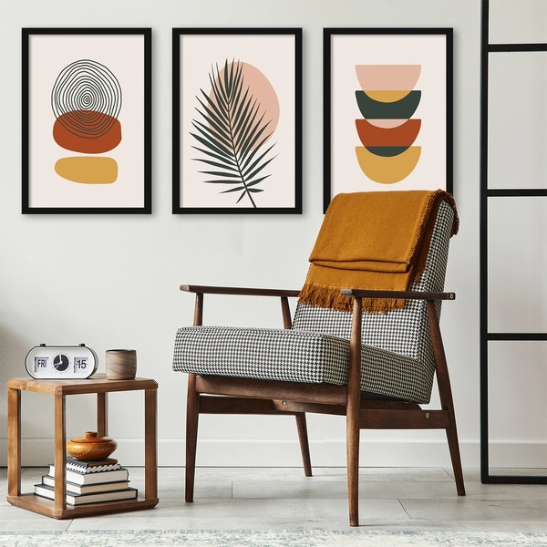 Kit 3 Quadros Abstratos Contemporâneos Boho 45x34cm Moldura:m