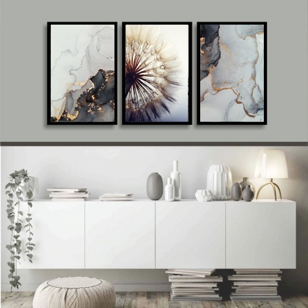 Kit 3 Quadros Abstratos Dente De Leão Mármore 45x34cm - Com V