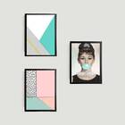 Kit 3 Quadros Abstratos E Audrey Bubble Gum 24x18cm Moldura:m