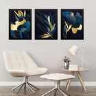 Kit 3 Quadros Abstratos Flores Azul Com Dourado 45x34cm Moldu