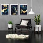 Kit 3 Quadros Abstratos Flores Azul Com Dourado 45x34cm Moldu