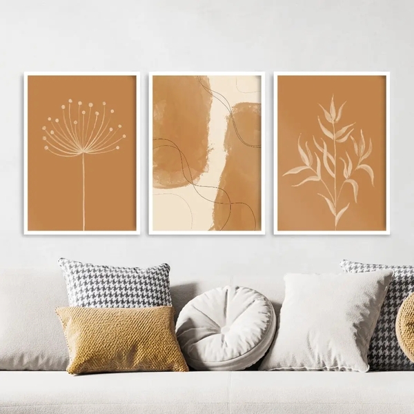 Kit 3 Quadros Abstratos Folhas Aquarela marrom 33x24cm - Com