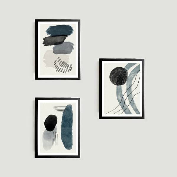 Kit 3 Quadros Abstratos Gray And Black 33x24cm - Com Vidro Mo
