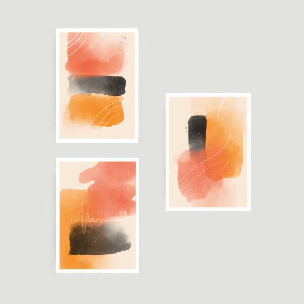 Kit 3 Quadros Abstratos Laranja E Preto 45x34cm - Moldura Pre