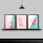 Kit 3 Quadros Abstratos Leão Rosa 45x34cm - Com Vidro Moldura