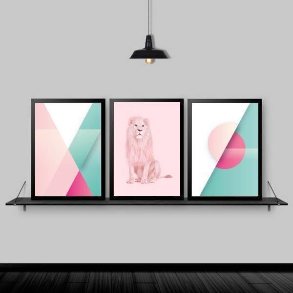 Kit 3 Quadros Abstratos Leão Rosa 45x34cm - Com Vidro Moldura